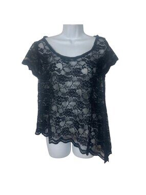 Millau Black Lace Sheer Top Asymmetric Hem Medium Whimsigoth Goth Fairy Grunge